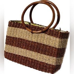 Striped Wicker Purse with Green Floral Inner Pattern 🌸 Perfect for vacation!